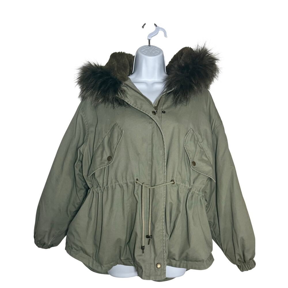 Urban Outfitters Hooded Parka Coat Olive Green Faux Fur Trim Sz LARGE Zip Snap